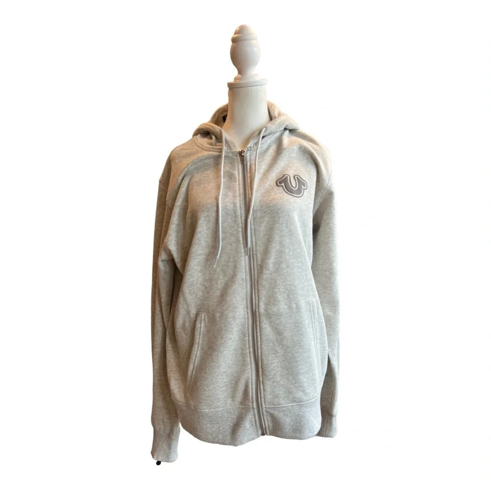 MEN TRUE RELIGION Logo Core ZIP UP OATMEAL Heather Fleece Hooded size large